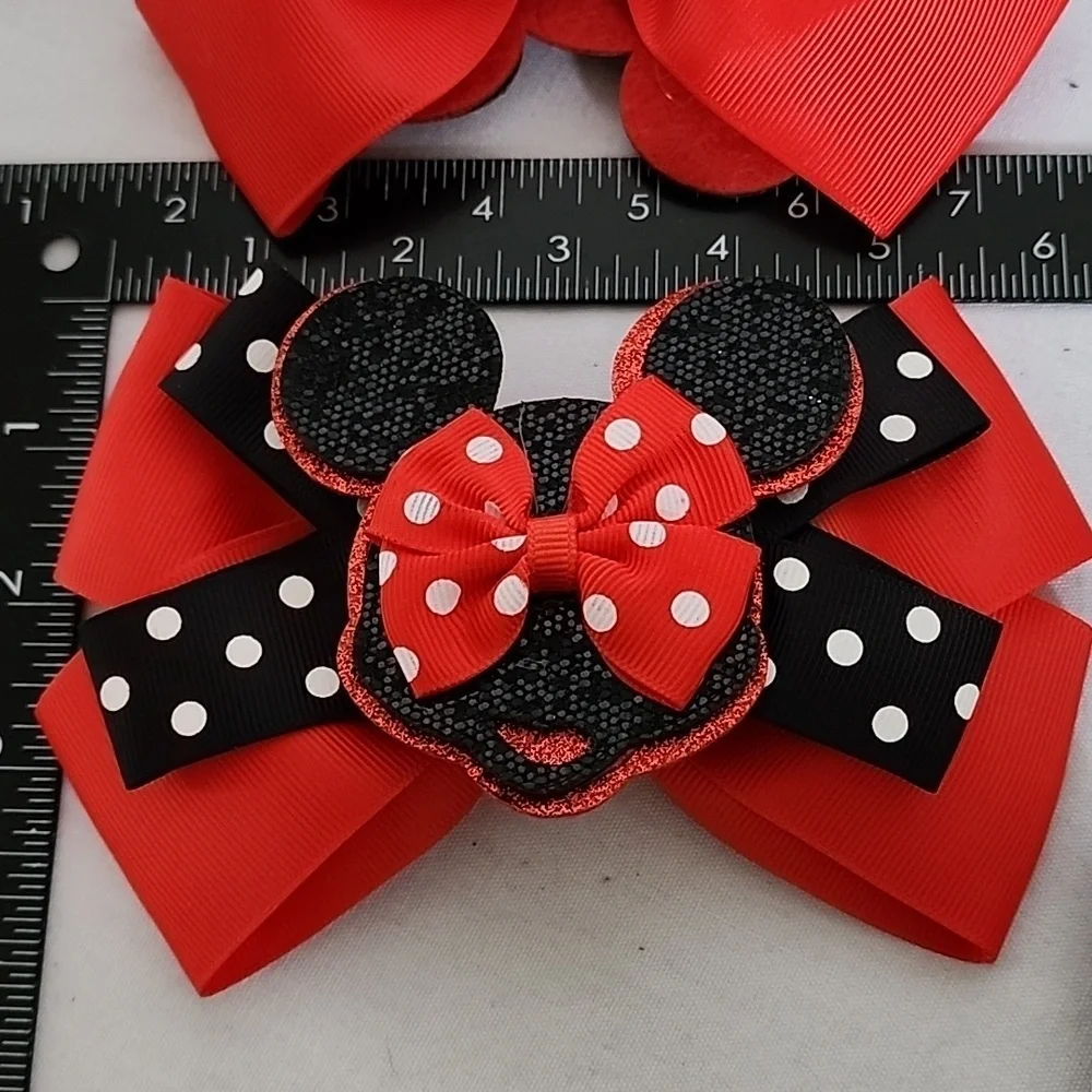 Pair of Red and Black Ribbon Mickey Mouse Polka Dot Hair Bow Clips